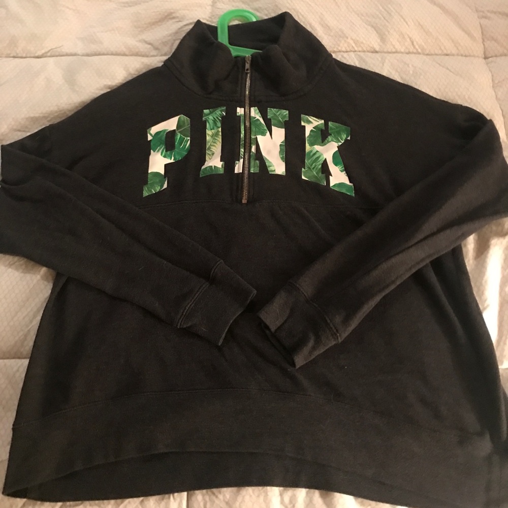 Tropical print  charcoal gray Pink quarter zip!