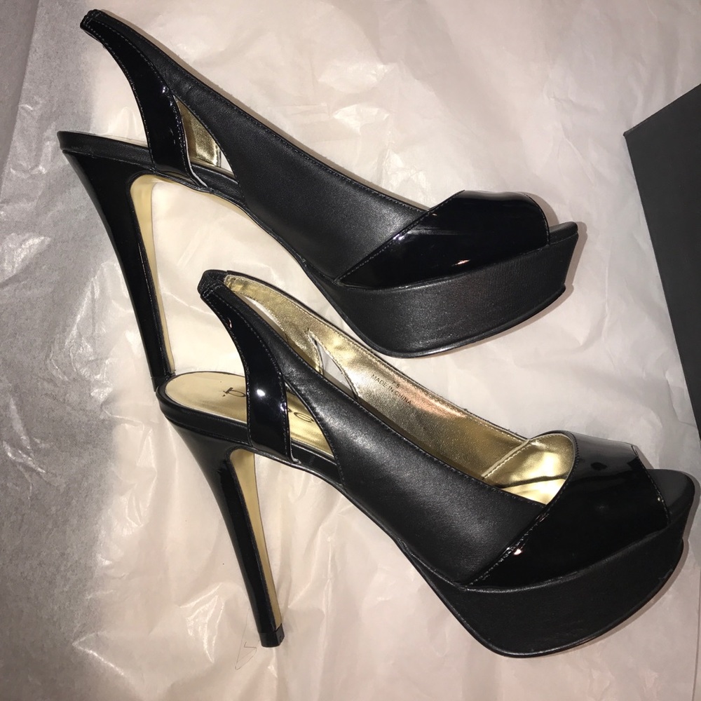 BEBE platform patent black 4 3/4" heels