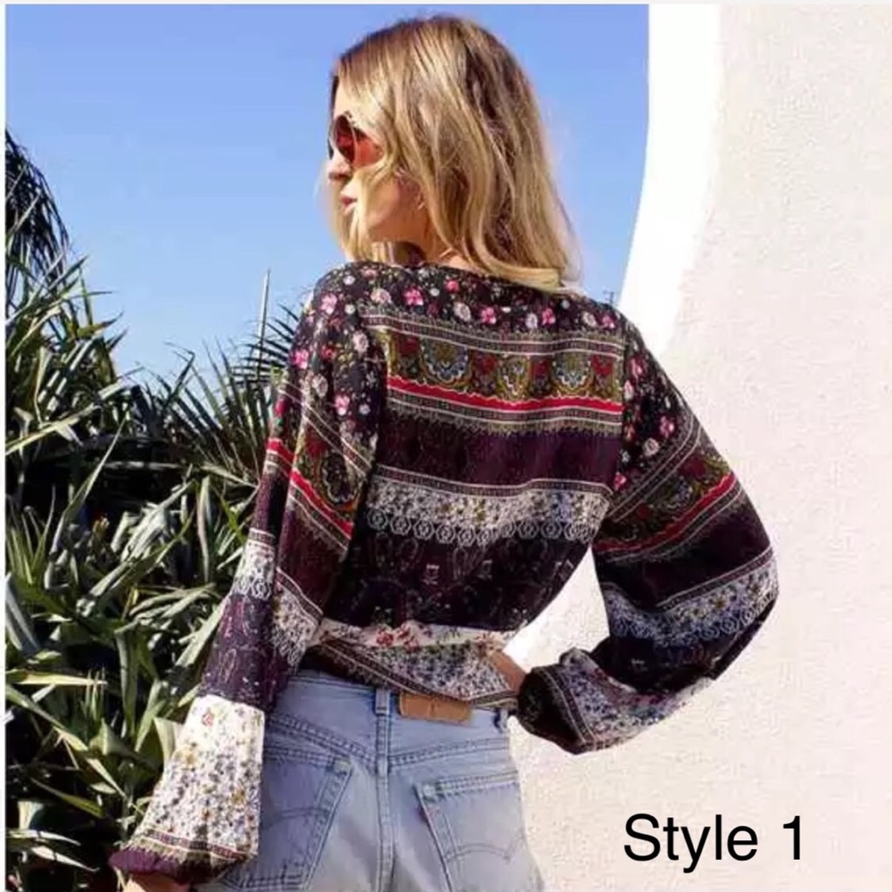 Boho Floral Vintage Long Sleeve V-Neck Blouse  NWT - Picture 2 of 8