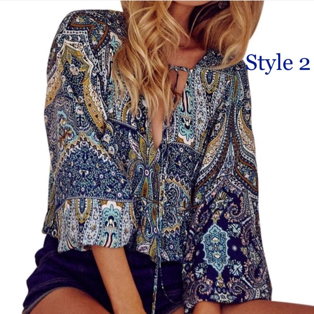 Boho Floral Vintage Long Sleeve V-Neck Blouse  NWT - Picture 3 of 8