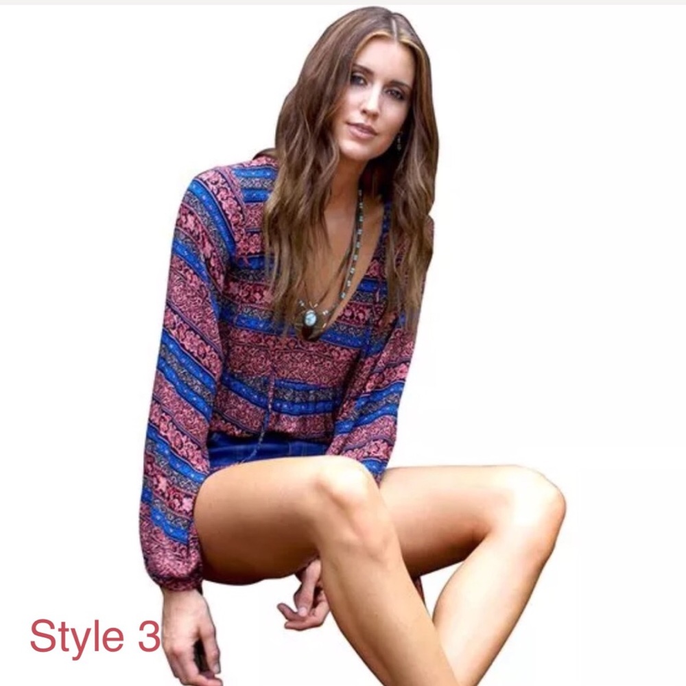 Boho Floral Vintage Long Sleeve V-Neck Blouse  NWT - Picture 6 of 8