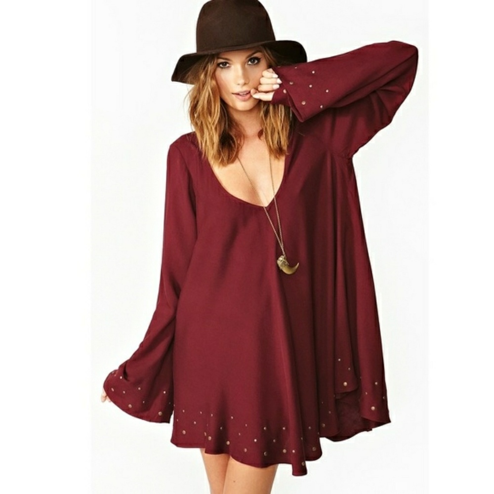 For Love & Lemons Maroon Bell Sleeve Mini - M