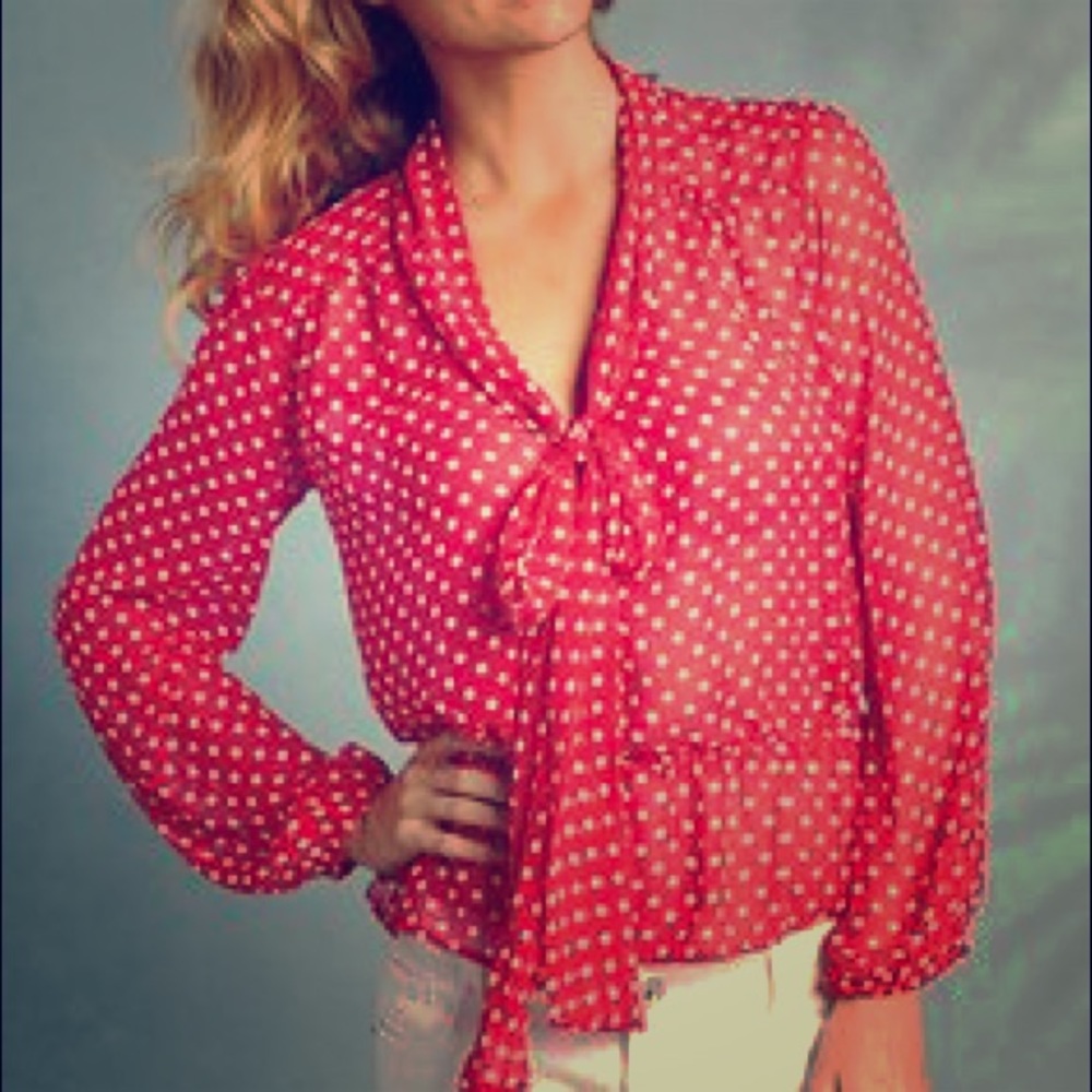 Sheer tie neck polka dot blouse