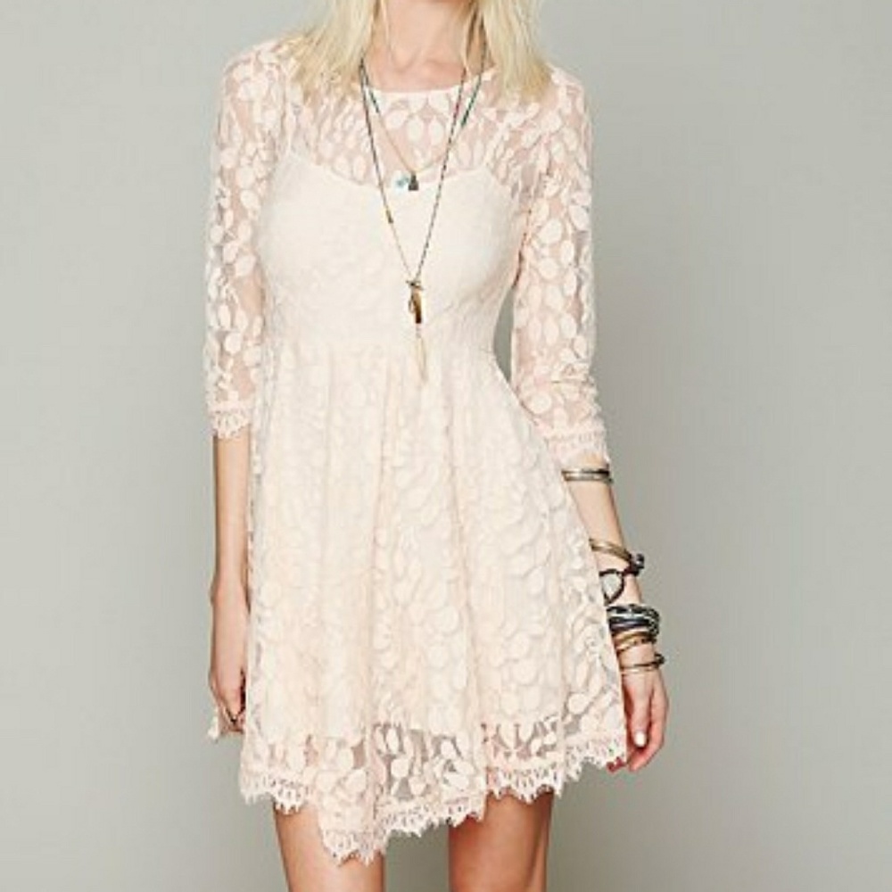 Free People Peach Floral Mesh Lace Dress - S/M
