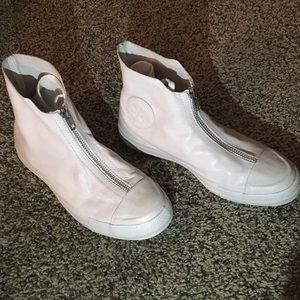 zip up white high top converse