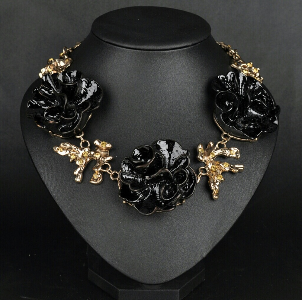 Chunky Black Rose & Gold Statement Necklace