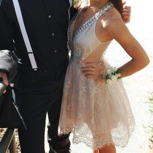 Bebe Ivory Silver Lacy Jeweled Dress