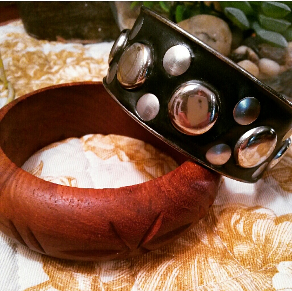 Pair of Boho Bangles 1 etched wood 1metal