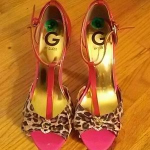 Guess pink, red, leapord heels with bow