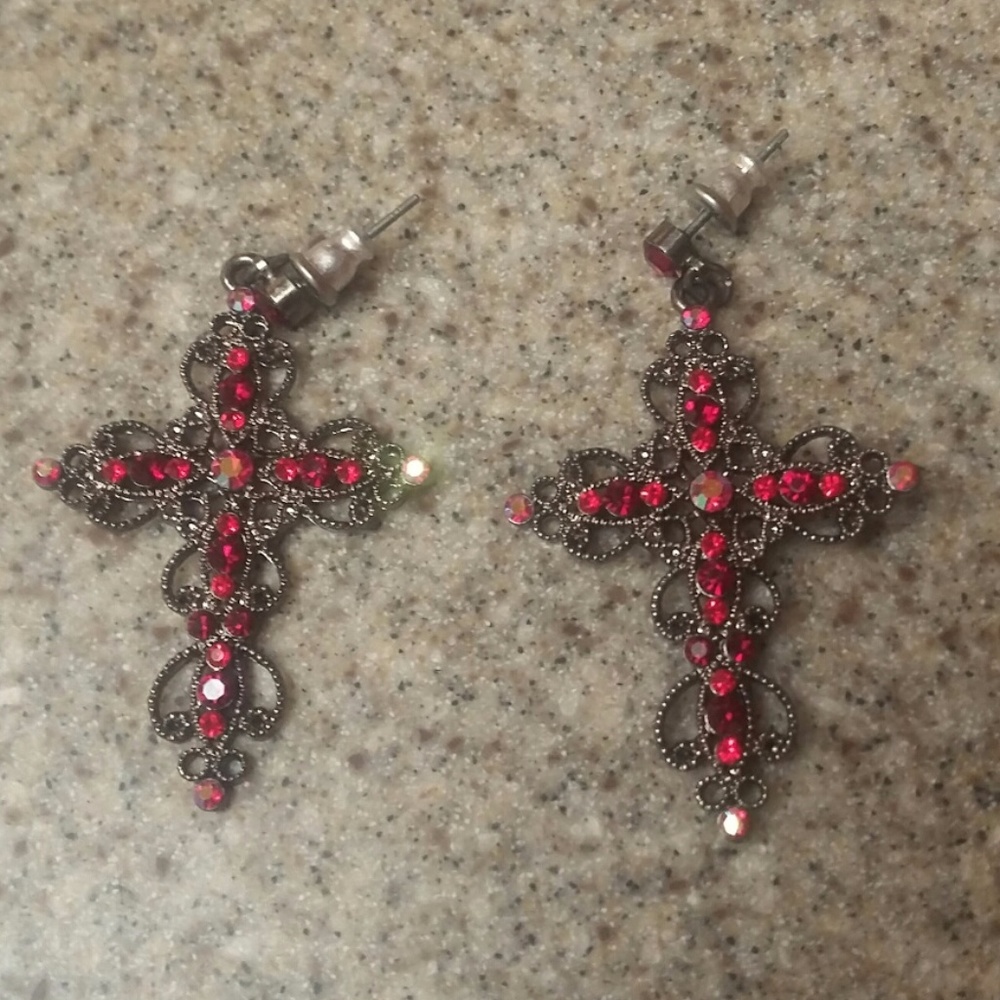 Ruby color Crystal antique style cross earrings