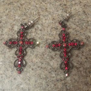 Ruby color Crystal antique style cross earrings