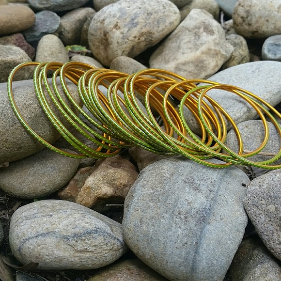 Green and Gold Bangle Bracelet Set - Picture 2 of 3