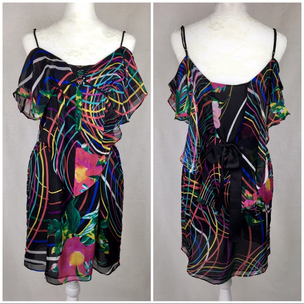 MYK Floral Cold-Shoulder Silk Dress