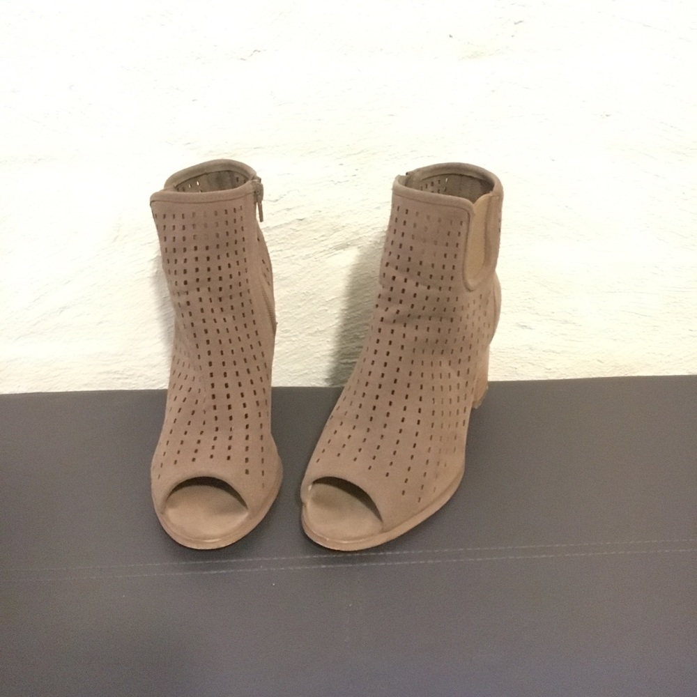 Tan Suede Peep-toe booties