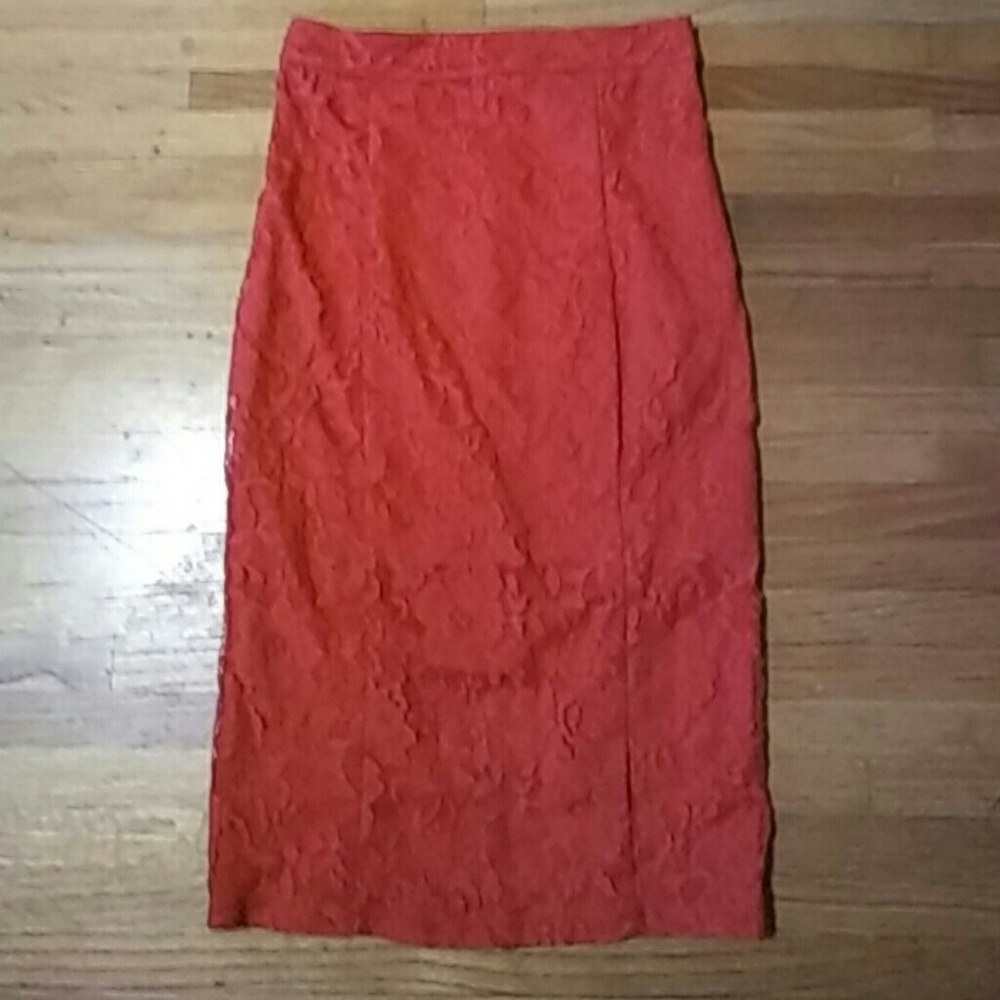 Red lace pencil skirt with slit