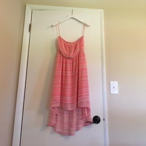 Coral and blue striped high low strapless dress