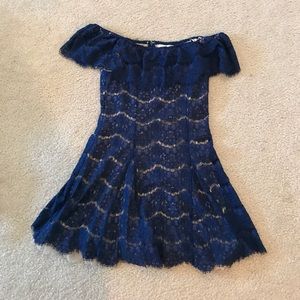 Navy blue and beige off the shoulder lace dress!