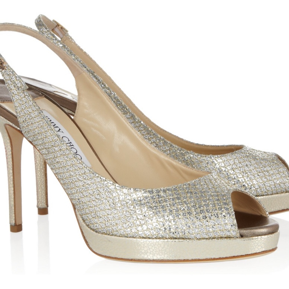 Jimmy Choo Nova gold silver metallic glitter peep toe heels shoes 36 6 wedding