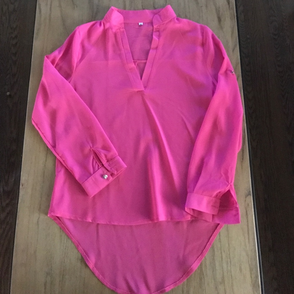 Hot pink high low long sleeve blouse