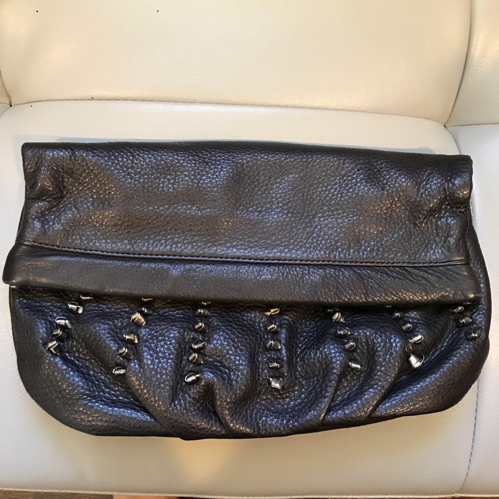 Studded black clutch with removable chain strap