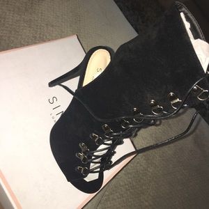 Black Suede Lace Up Stiletto Heels (NEVER WORN)