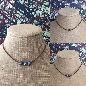 Peacock Blue Freshwater Pearl & Leather Choker