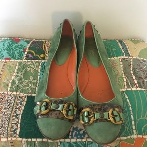 Cole Haan green suede loafers with kitten heel