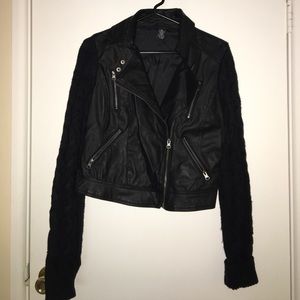 Pleather Moto Jacket with Knit Sleeves