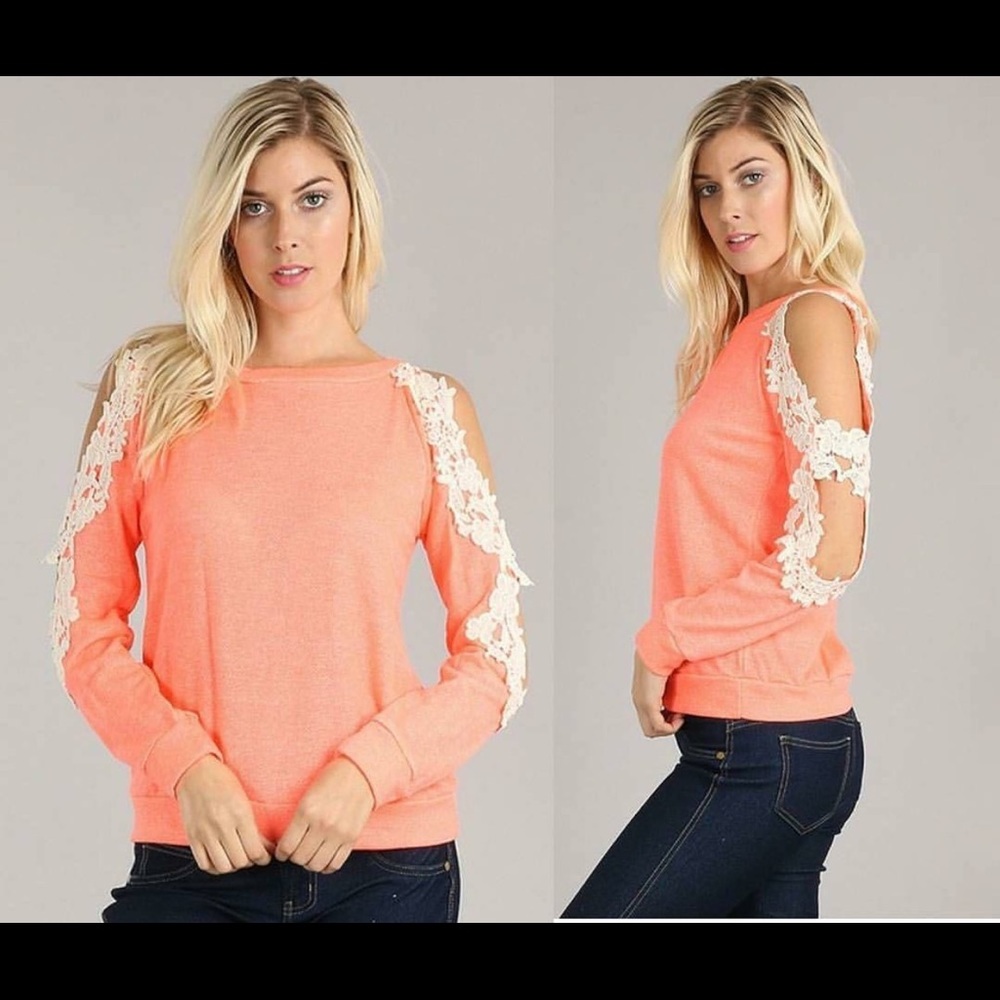 Lightweight orange sweatshirt w/lace cold shoulder