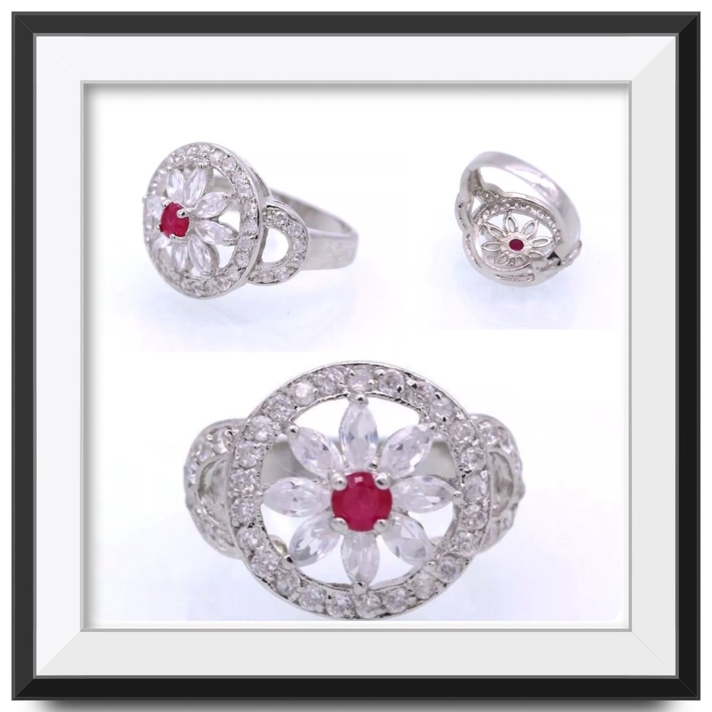 18k White Gold Plated Red Ruby Ring Sz 7