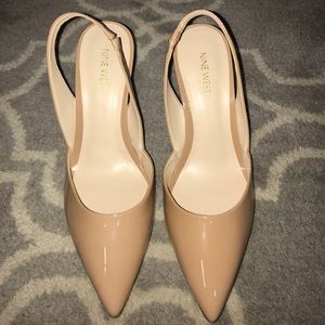 Nude patent sling back heels