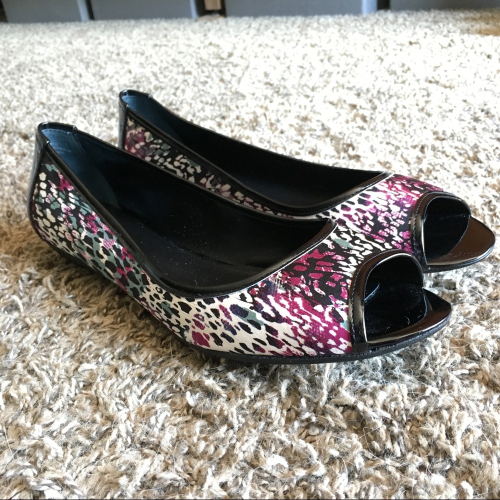 Nine West flats, peep toe, purple teal black white