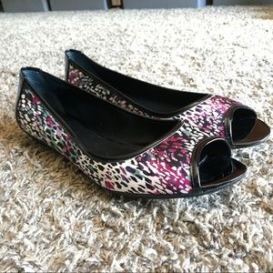 Nine West flats, peep toe, purple teal black white