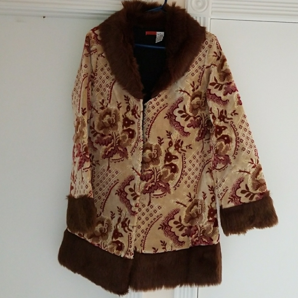 Vintage Pretty Floral Corduroy FUR Women Coat