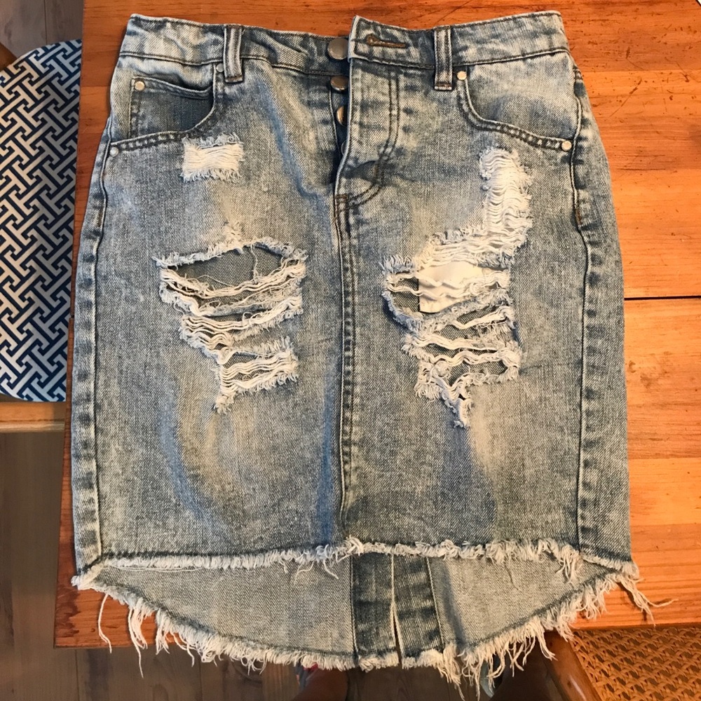 Distressed high waisted jean skirt