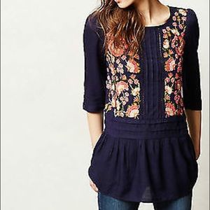 Anthropologie Embroidered Dark Blue Top