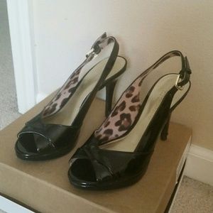 Black open toe sling back heels