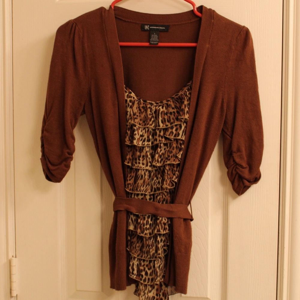 INC Leopard Print Sweater Blouse, Ruffles, Tie Belt, 3/4 Sleeves, Women’s Small