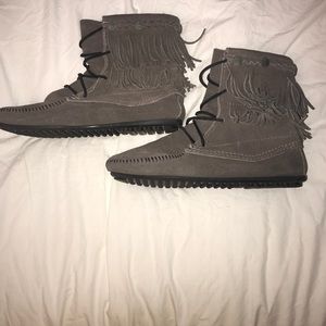 Minnetonka Grey Fringe Moccasin Booties