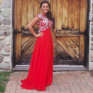 Red open back formal dress