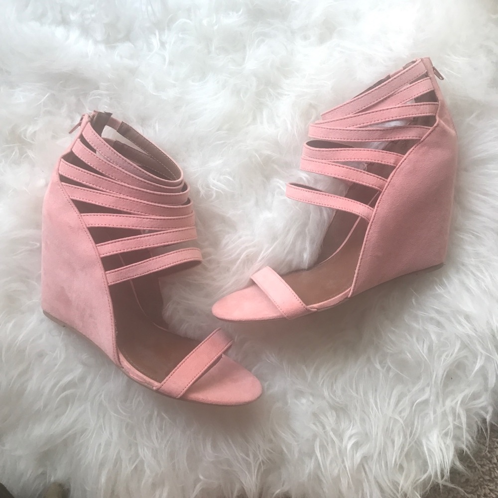 Light pink strappy wedge sandals