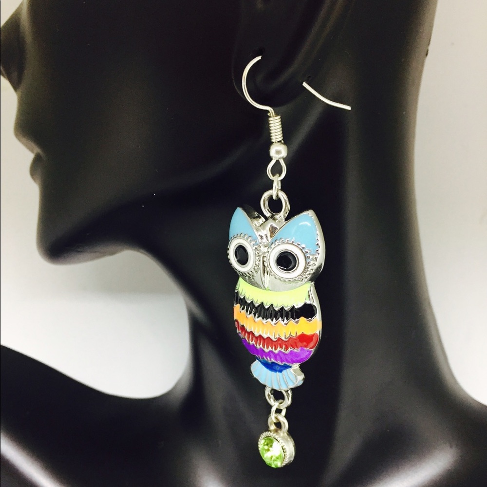 Colorful Owl and Peridot Green Stone Earrings
