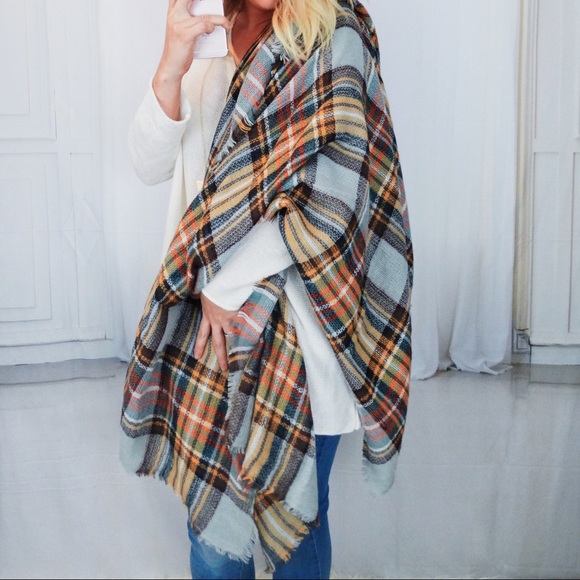Gray Camel Plaid Blanket Scarf - Picture 3 of 5