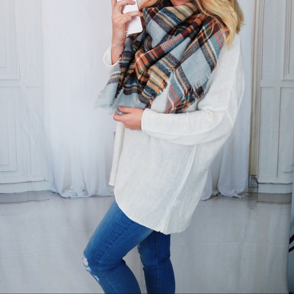 Gray Camel Plaid Blanket Scarf - Picture 2 of 5