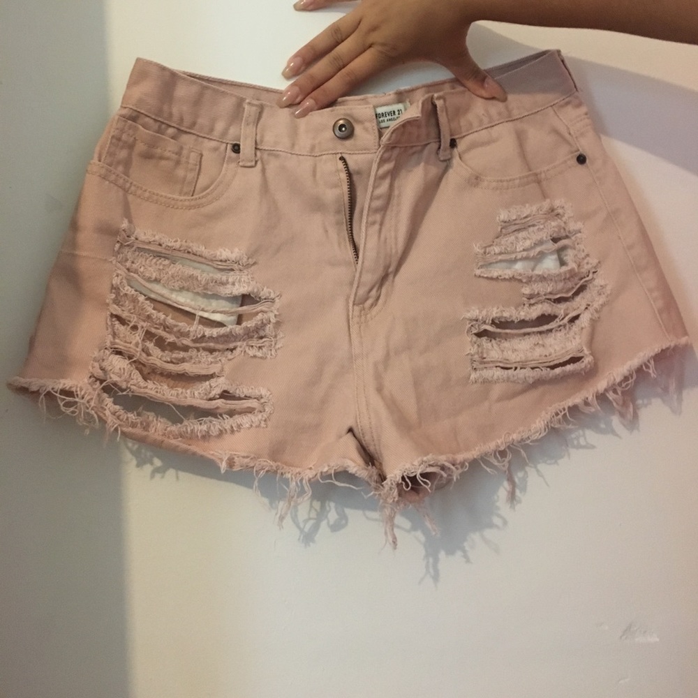 Light Pink Ripped Denim Shorts