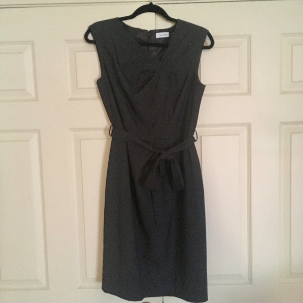 Calvin Klein Pleated Charcoal Dress with Tie Belt