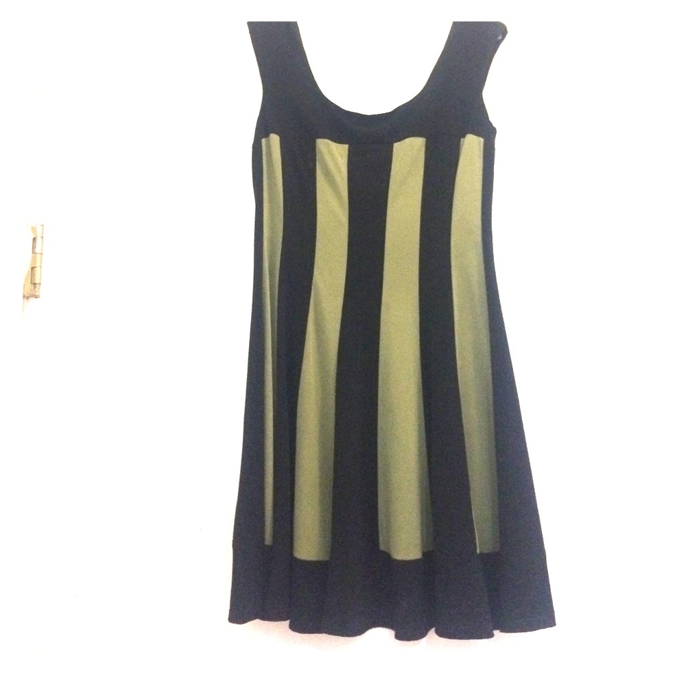 Olive green and black striped midi dress.