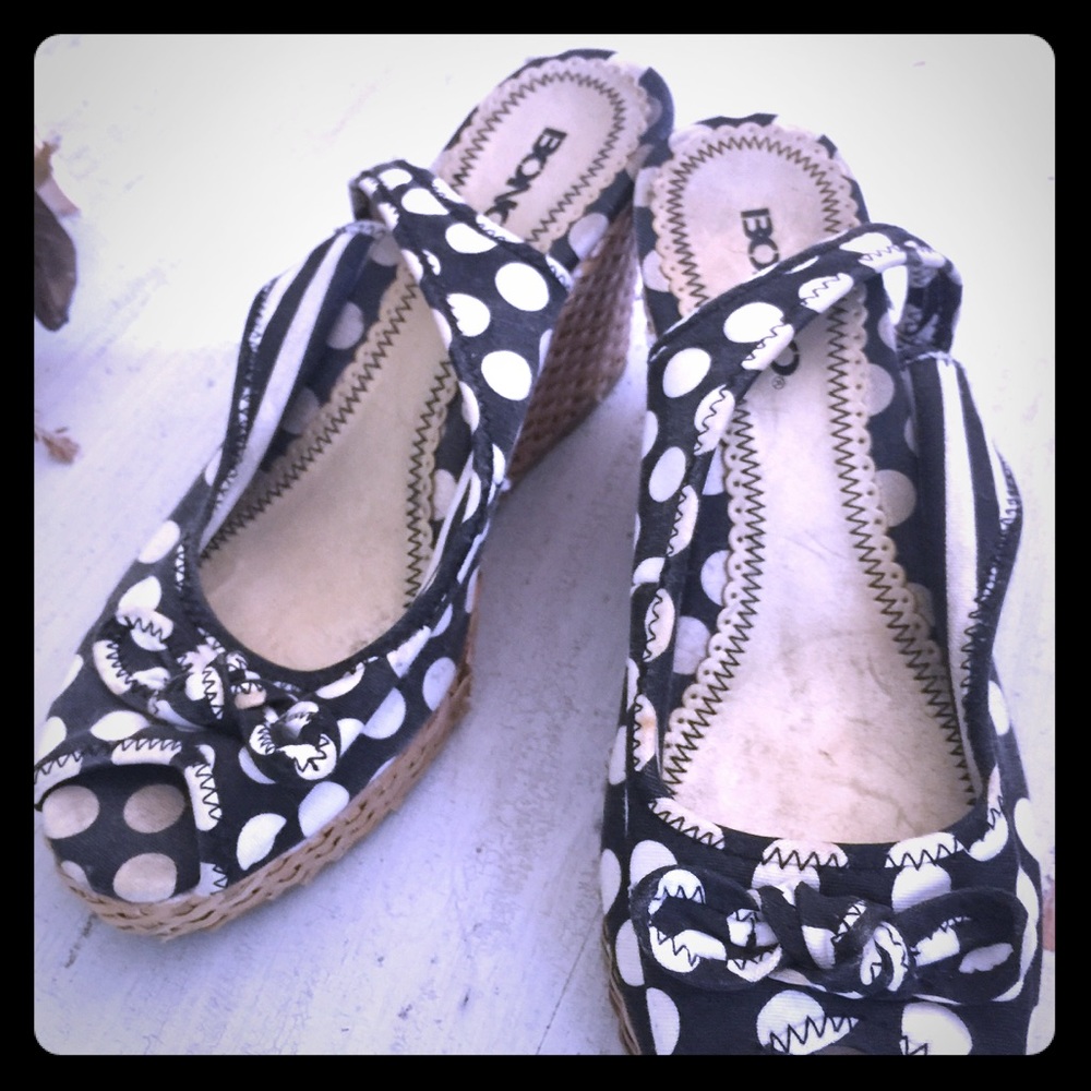 Black & White polka dot, peep toe wedges