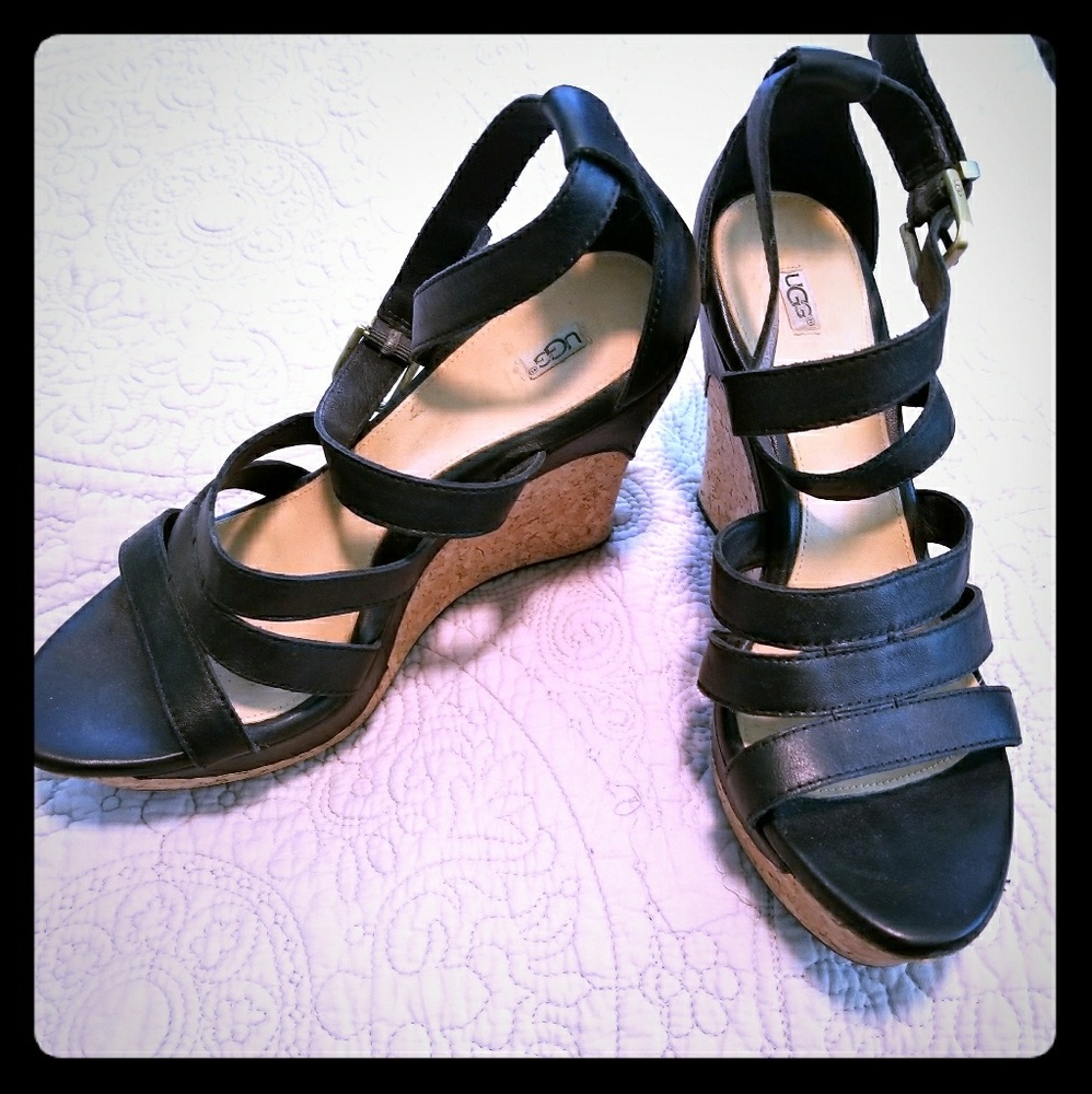 UGG black leather and cork wedges