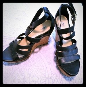 UGG black leather and cork wedges